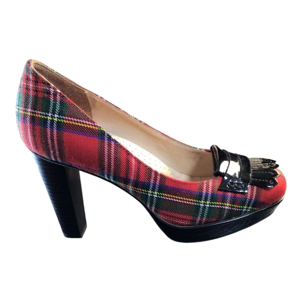 CNE Red and Black Plaid Loafers with Fringe Accents - Picture 4 of 5